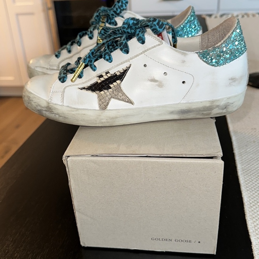 Golden Goose Kids White and Blue Sneakers